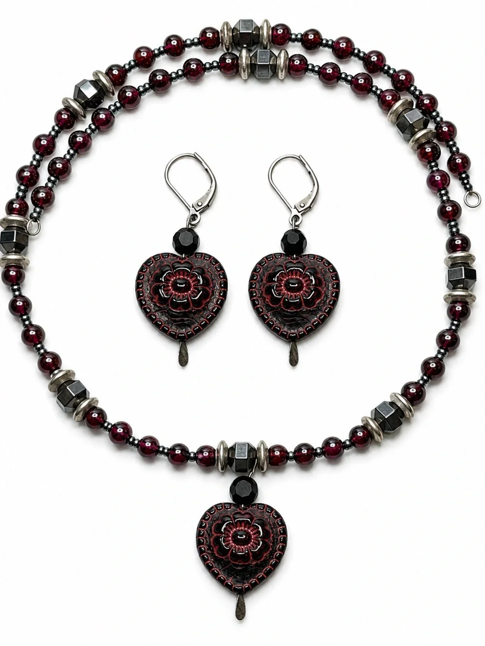 Czech Glass Heart Necklace & Earrings Set, Wrap Necklace, One of a Kind